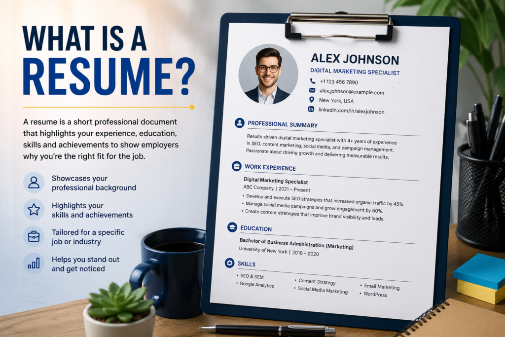 What Is a Resume? Definition, Purpose, Types and Tips What is a resume infographic showing a professional resume with sections for skills, education
