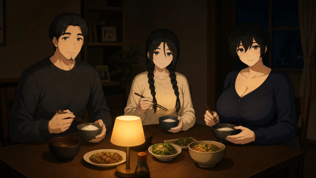 Pepper0 Comic Art: Style, Characters & Visual Storytelling pepper0 family Having Dinner by Dim Lamp Light