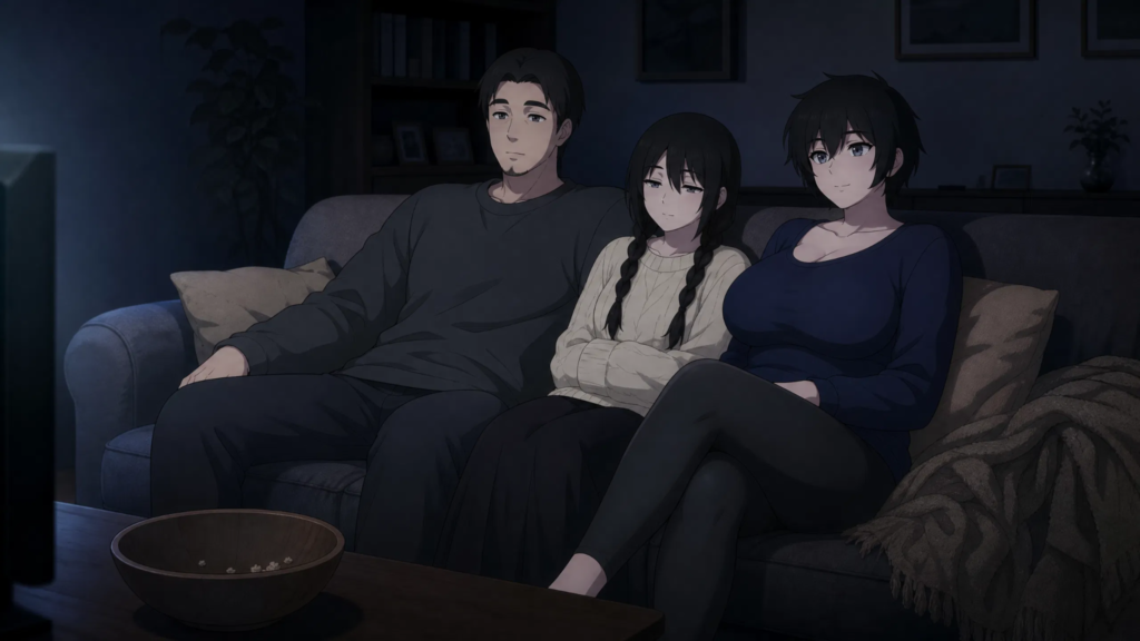  family Sitting Together After a Movie, Screen Glow Fading