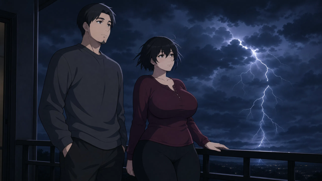 Pepper0 Family Lore: Hidden Clues & Story Meaning pepper0 father and pepper0 aunt Standing Together Watching a Distant Storm from the Balcony,