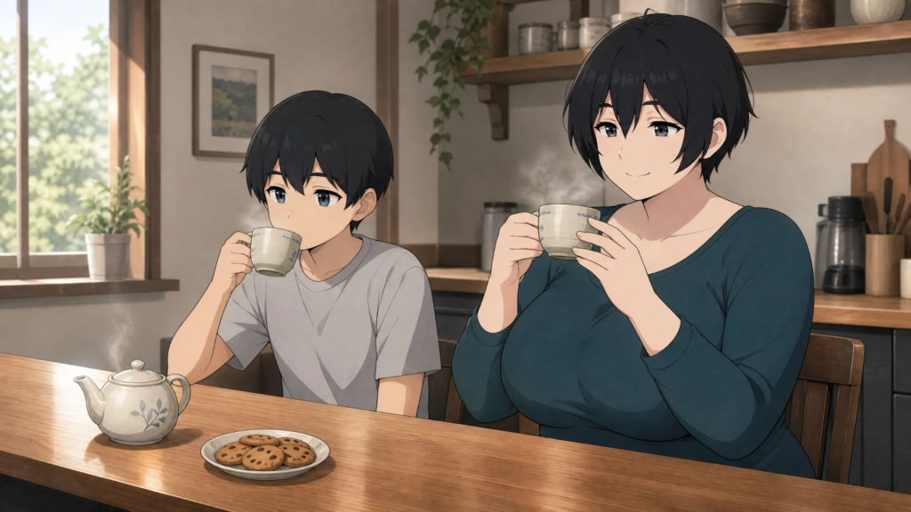 Pepper0 Family Lore: Hidden Clues & Story Meaning pepper0 aunt and son Sitting Together Having Tea in the Kitchen