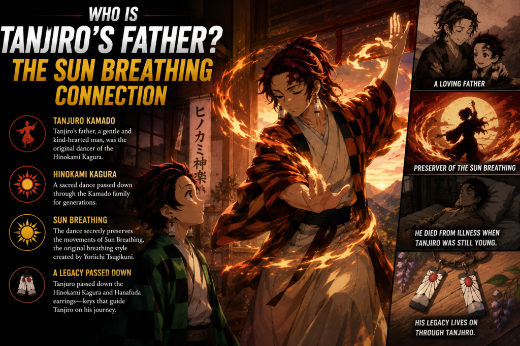 Tanjiro Kamado with his father Tanjuro Kamado performing Hinokami Kagura and showing the connection to Sun Breathing
