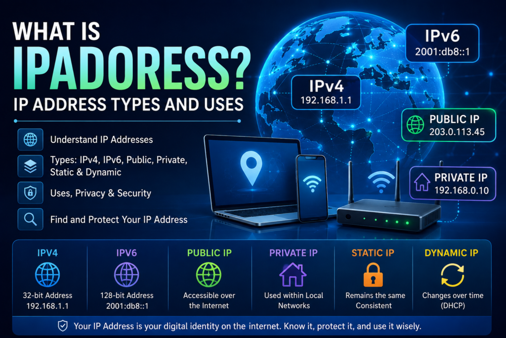 What Is Ipadoress? An infographic explaining IP address types, including IPv4, IPv6, public IP, private IP, static IP, and dynamic IP addresses.