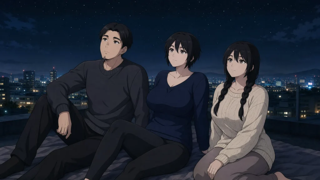 pepper0 Family Trio Sitting Together on the Rooftop at Night